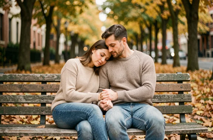 Couple complice assis sur un banc de parc en automne, illustrant la tendresse et la profondeur émotionnelle derrière l'expression je t'aime fort