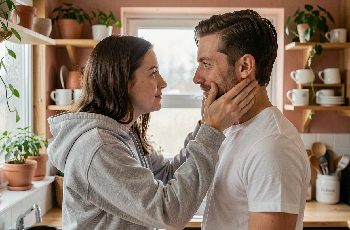 Femme tenant tendrement le visage de son partenaire dans une cuisine, symbolisant la sincérité et l'intensité émotionnelle de la déclaration je t'aime fort
