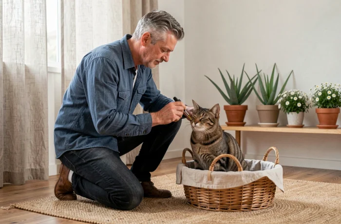 Homme appliquant une huile végétale naturelle sur un chat tigré dans un salon minimaliste avec plantes médicinales