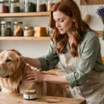 Femme appliquant un baume naturel aux herbes sur un golden retriever dans une cuisine artisanale avec des plantes médicinales