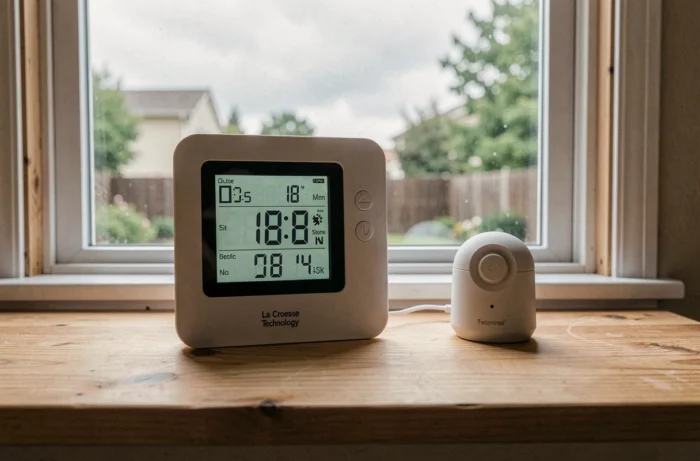 Station météo La Crosse Technology posée sur une étagère en bois avec son capteur extérieur, affichant température et humidité