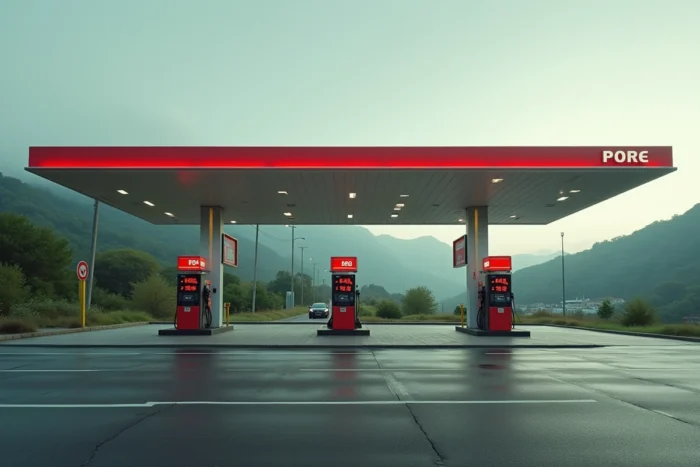 Station-service à Dancharia avec prix du carburant affichés, située à la frontière franco-espagnole au Pays Basque