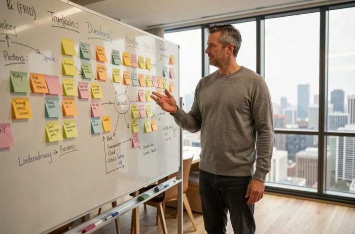 Professionnel du marketing élaborant une stratégie de visibilité numérique sur un tableau blanc dans une agence créative
