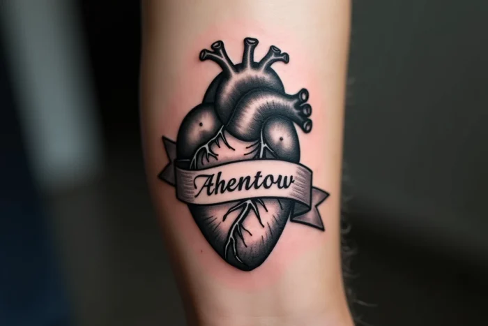 Tatouage de cœur anatomique avec un prénom inscrit sur une banderole sur le bras