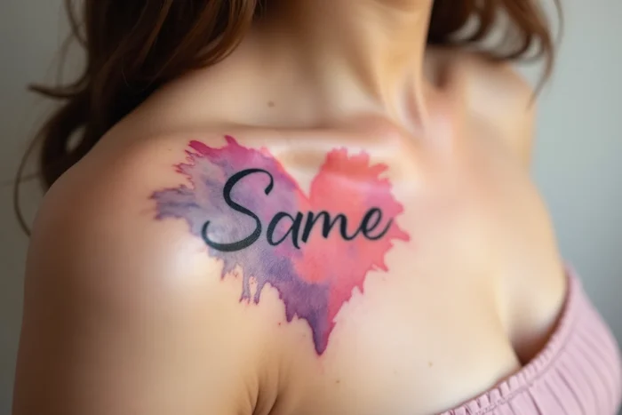 Tatouage de cœur aquarelle avec un prénom en écriture manuscrite sur l'épaule