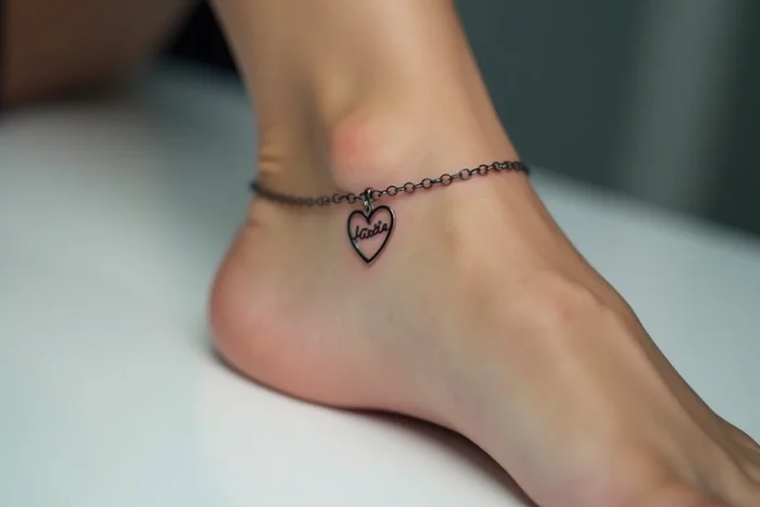 Tatouage de cœur en forme de pendentif sur une chaîne avec un prénom inscrit sur le poignet