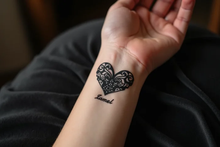 Tatouage de cœur en dentelle avec un prénom en lettrage serif sur le poignet
