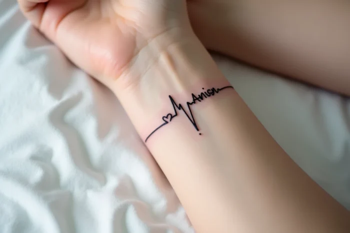 Tatouage de cœur battement ECG avec un prénom intégré à la ligne sur le poignet