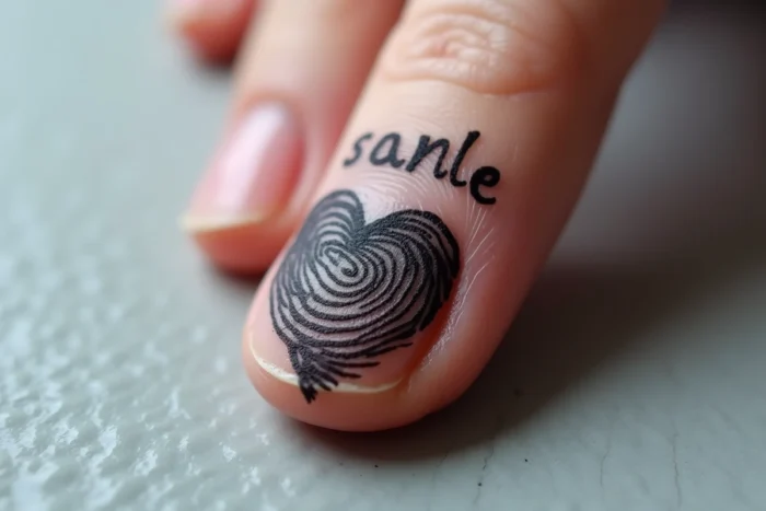 Tatouage de cœur formé par une empreinte digitale avec un prénom en arc sur le doigt