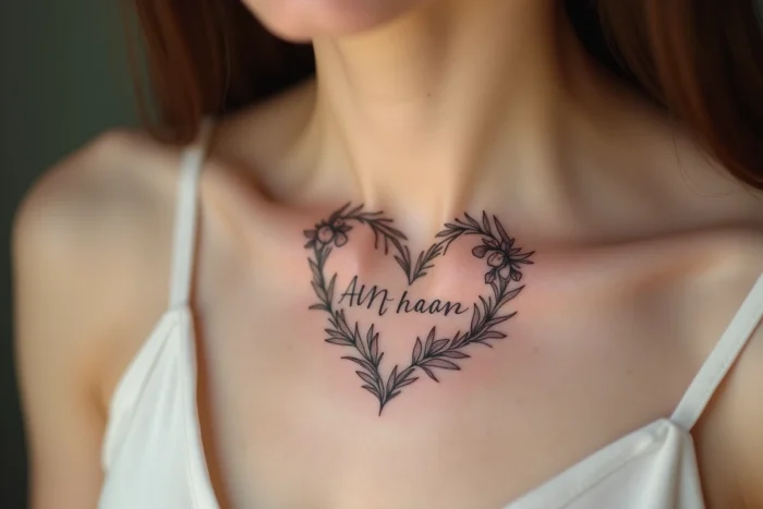 Tatouage de cœur floral avec un prénom et une fleur de naissance sur la clavicule