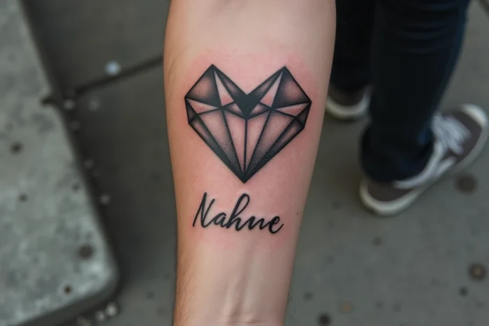 Tatouage de cœur géométrique avec un prénom en capitales modernes sur l'avant-bras