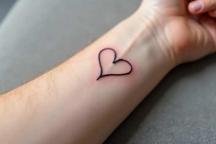 Tatouage d'un cœur en ligne continue avec un prénom intégré au tracé sur un avant-bras