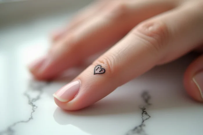 Tatouage minimaliste d'un petit cœur avec une initiale sur le côté du doigt