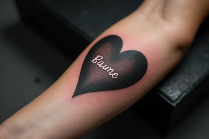 Tatouage de cœur en négatif avec encre autour et peau nue au centre et prénom en réserve