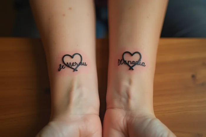 Tatouage de double cœur entrelacé avec deux prénoms sur deux avant-bras côte à côte