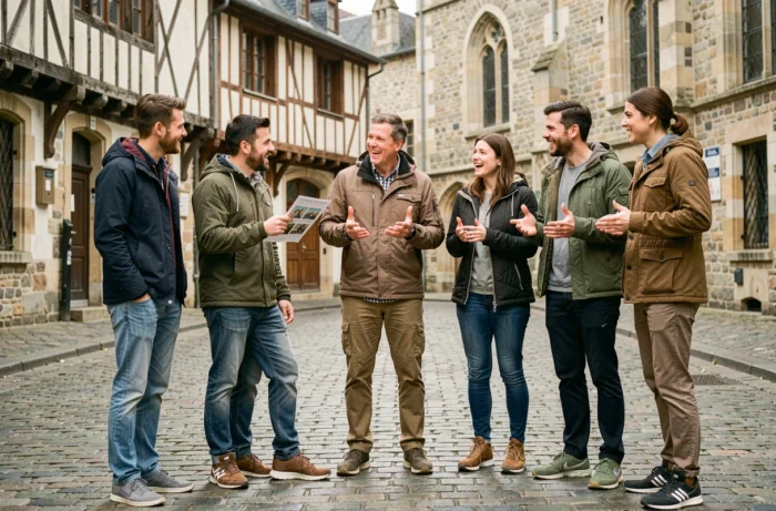 Équipe de collègues réalisant une chasse au trésor urbaine dans les rues historiques de Rennes pour un team building
