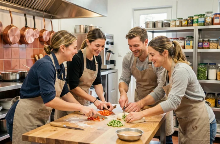 Collègues en tablier participant à un cours de cuisine en équipe dans un atelier culinaire à Rennes