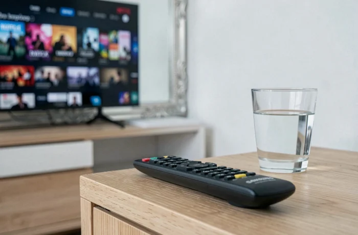 Samsung remote placed on a table with the Netflix interface visible in the background on the television