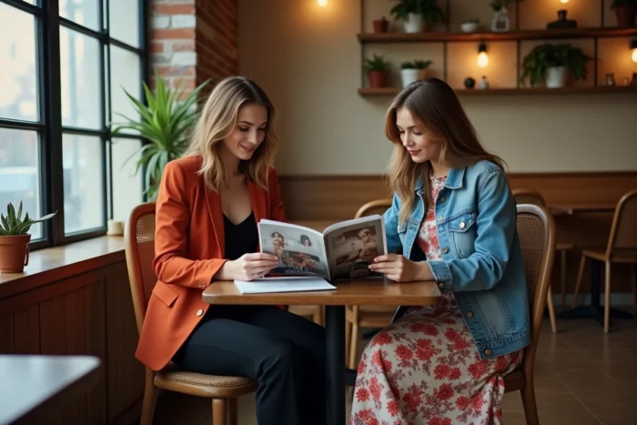 Deux femmes aux styles complémentaires consultent un magazine de mode dans un café chaleureux à l'intérieur