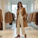 Femme élégante en manteau camel et pantalon large ivoire faisant du shopping dans une boutique parisienne minimaliste