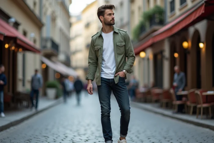 Homme tendance en tenue street style élégant dans une rue pavée européenne avec café en arrière-plan