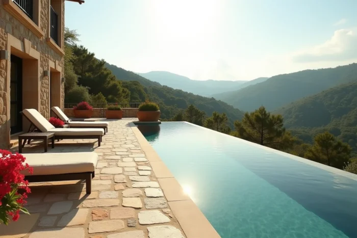 Terrasse luxueuse avec piscine à débordement donnant sur une vallée verdoyante dans une villa de vacances au Portugal