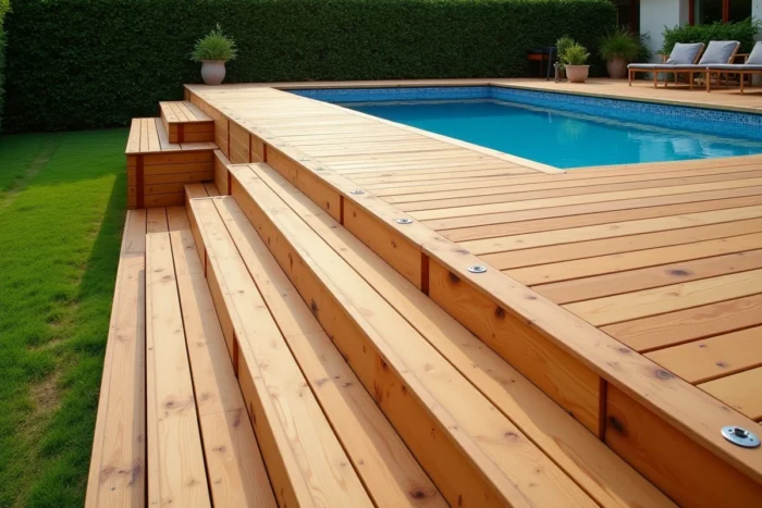 Terrasse en bois surélevée avec marches intégrées construite autour d'une piscine hors sol dans un grand jardin résidentiel