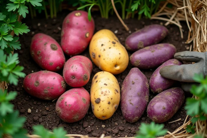 Variétés de pommes de terre fraîchement récoltées sur le sol d'un potager intensif en carré