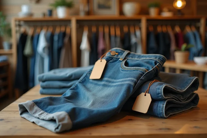 Vêtements d'occasion pliés avec étiquettes de prix dans une friperie