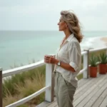 Femme profitant de sa maison en bord de mer toute l'année, tenant un café sur la terrasse avec vue sur l'océan