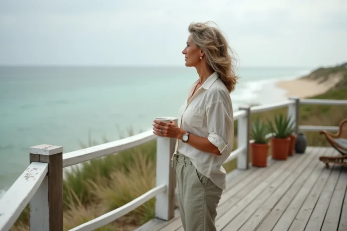Femme profitant de sa maison en bord de mer toute l'année, tenant un café sur la terrasse avec vue sur l'océan