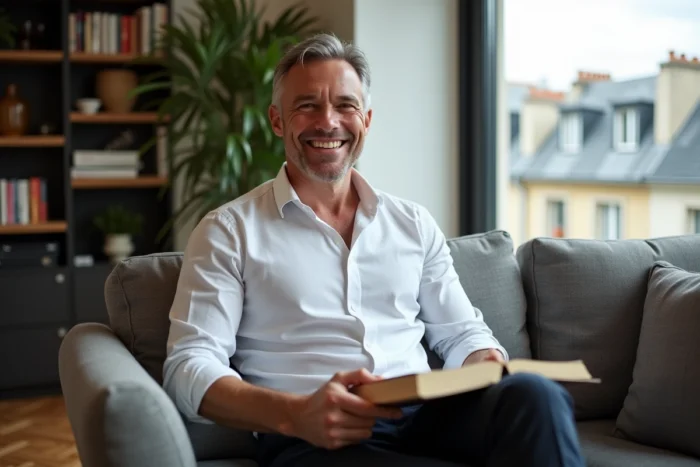 Homme dans son appartement parisien moderne, assis sur un canapé avec un livre, ambiance intimiste et cadre de vie élégant