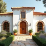 Villa portugaise de luxe avec architecture traditionnelle de l'Alentejo, toiture en tuiles terracotta et jardin méditerranéen entouré d'oliviers