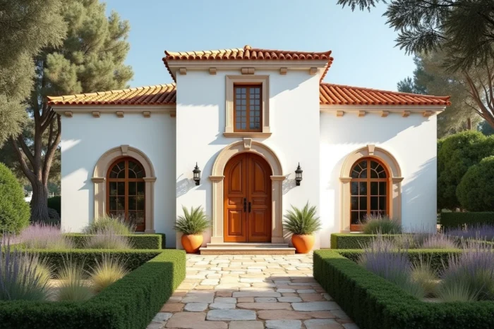 Villa portugaise de luxe avec architecture traditionnelle de l'Alentejo, toiture en tuiles terracotta et jardin méditerranéen entouré d'oliviers