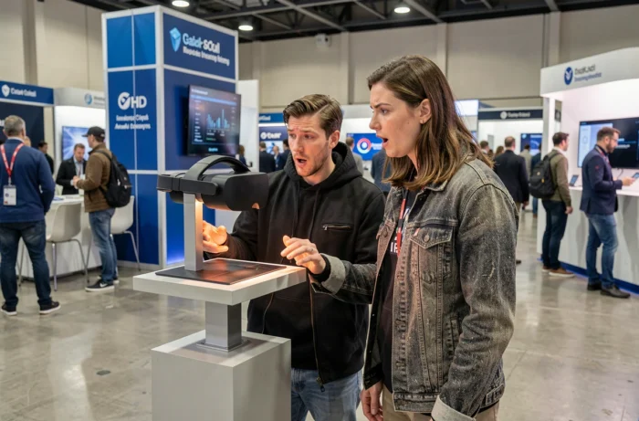 Deux visiteurs découvrant un casque de réalité augmentée lors d'un salon high-tech professionnel