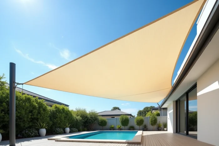 Voile d'ombrage triangulaire fixée entre un mât et une façade de maison au-dessus d'une piscine hors sol sur terrasse