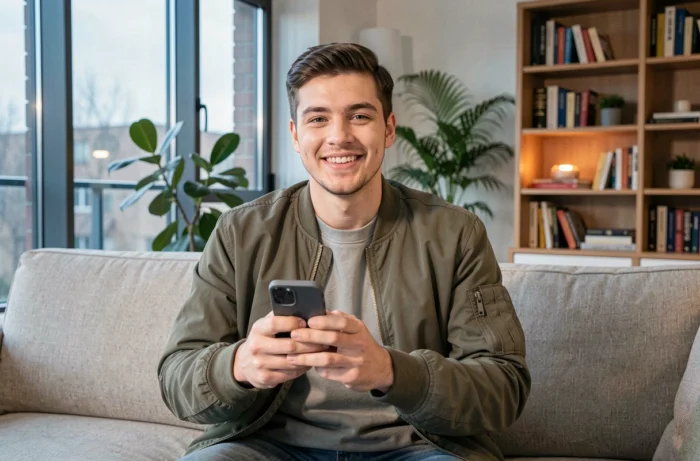Jeune homme youtubeur souriant assis dans un salon moderne tenant un smartphone, entouré de plantes et de bibliothèques