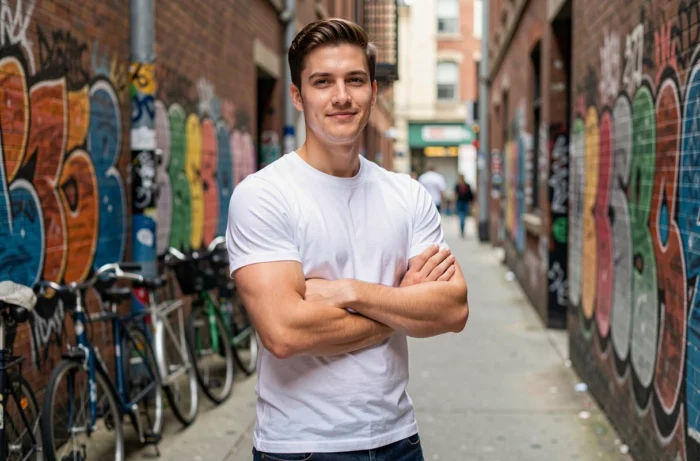 Jeune créateur de contenu masculin en tenue décontractée posant devant un mur de street art urbain avec une expression assurée
