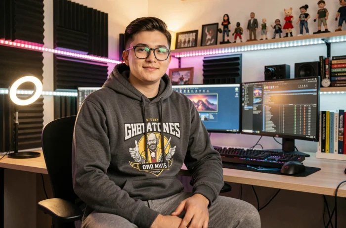 Jeune YouTubeur masculin assis devant son setup gaming et streaming dans un home studio moderne avec moniteurs et panneaux acoustiques