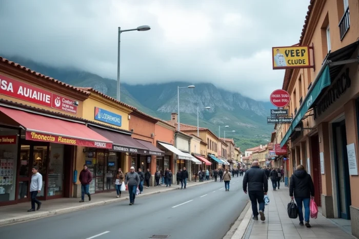 Zone commerciale de Dancharia à la frontière franco-espagnole avec boutiques de tabac et d'alcool, clients et touristes français